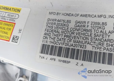 2018 Honda Accord Sport z USA, uszkodzony, nr VIN 1HGCV1F3XJA207823